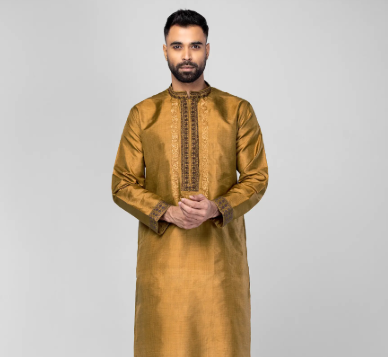 Brown Mustard Check and Embroidered Silk Panjabi Pajama Set